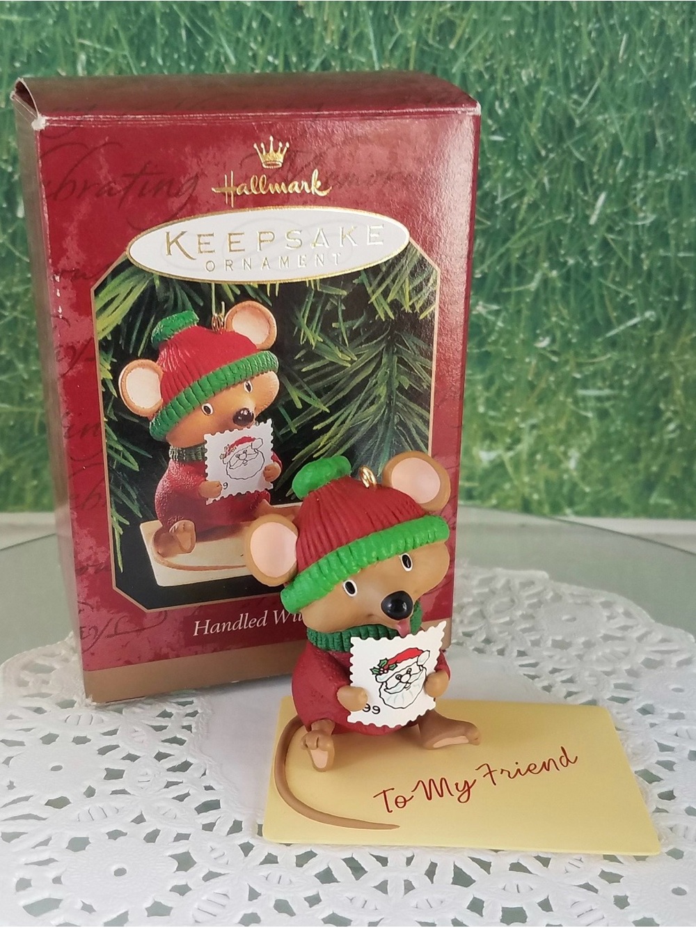 1999 Handled with care Hallmark Red & Green Mouse Keepsake Ornament